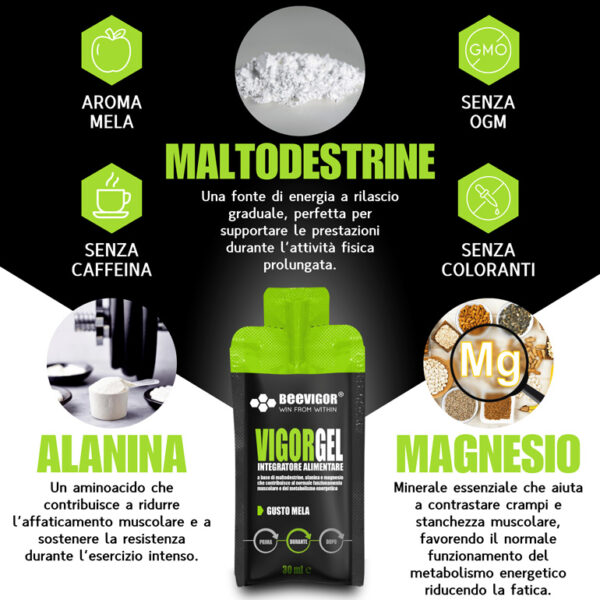 BEEVIGOR Gel gusto Mela - Bustina Monodose da 30 ml- Integratore gel per Sport di Endurance con Maltodestrine, Alanina e Magnesio - Made in Italy - Supporta Metabolismo Energetico e Funzione Muscolare - immagine 6