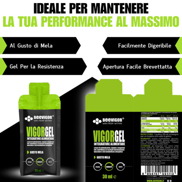 BEEVIGOR Gel gusto Mela - Bustina Monodose da 30 ml- Integratore gel per Sport di Endurance con Maltodestrine, Alanina e Magnesio - Made in Italy - Supporta Metabolismo Energetico e Funzione Muscolare - immagine 4