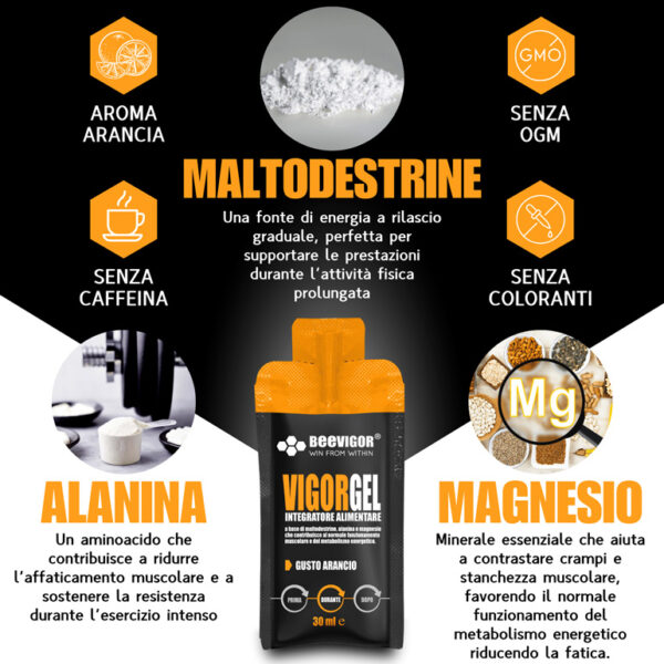 BEEVIGOR Gel gusto Arancio - Bustina Monodose da 30 ml- Integratore gel per Sport di Endurance con Maltodestrine, Alanina e Magnesio - Made in Italy - Supporta Metabolismo Energetico e Funzione Muscolare - immagine 8