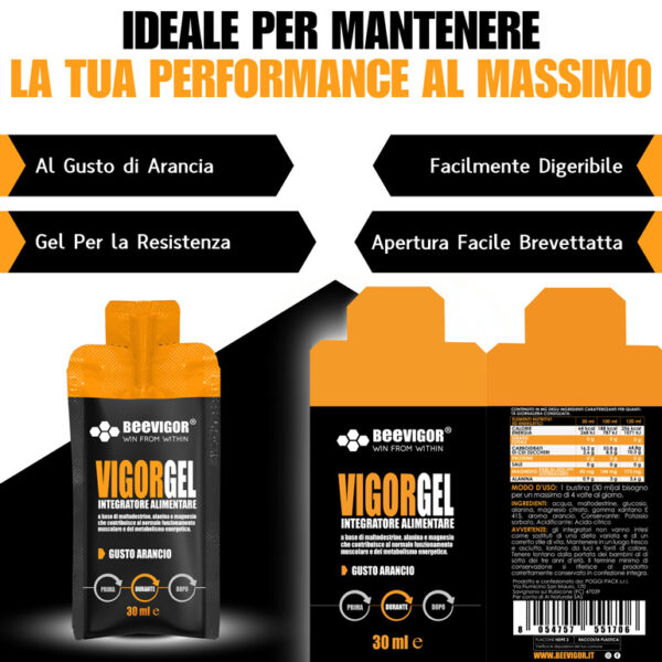 BEEVIGOR Gel gusto Arancio - Bustina Monodose da 30 ml- Integratore gel per Sport di Endurance con Maltodestrine, Alanina e Magnesio - Made in Italy - Supporta Metabolismo Energetico e Funzione Muscolare - immagine 10